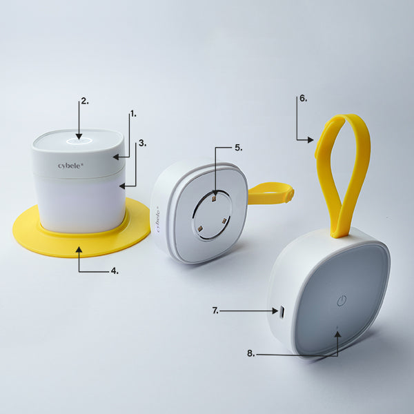 Esterilizador UV Portátil Stellar™: muestra la tapa UV, la caja esterilizadora, el asa, el botón de control , indicador de carga, el puerto micro-USB, UV-C led, y el adaptador expansor.