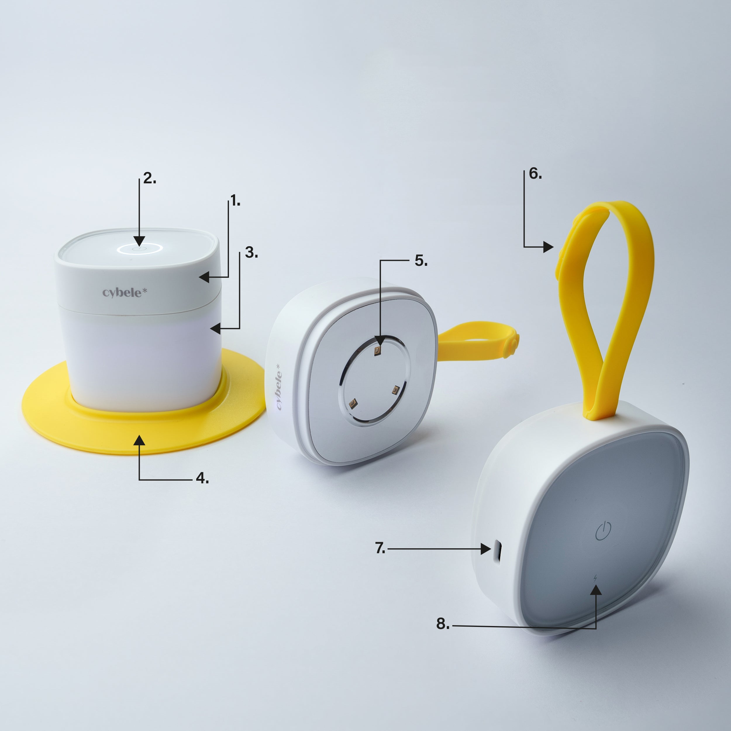 Lumen™ Portable UV Sterilizer Product Layout: showcasing UV lid, sterilizer box, handle, control button, charging indicator light, micro-USB port, UV-C LEDs, and silicone expansion pad.